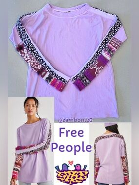 Free People Petal Lilac On My Way Thermal Top Patterned Sleeve Medium